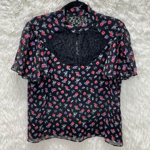 Nanette Lepore Silk Blouse Top Shirt Flutter Sleeve with Lace Floral M - Picture 2 of 9